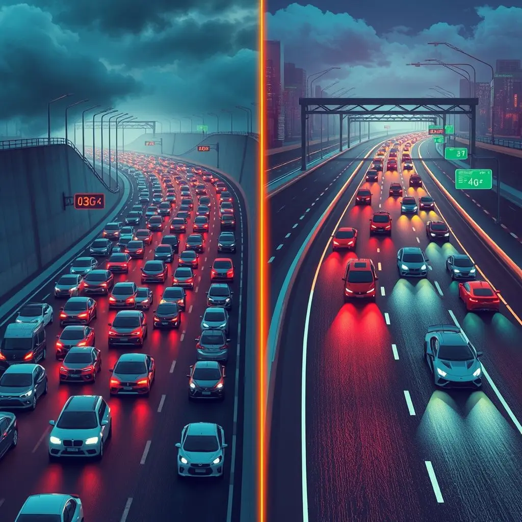 Comparison of a congested 4G data highway next to a clear, fast 5G express lane.