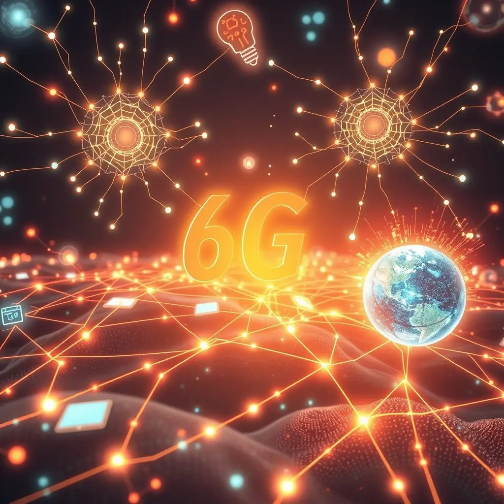 Abstract futuristic art depicting 6G as light beams instantly connecting minds and devices.