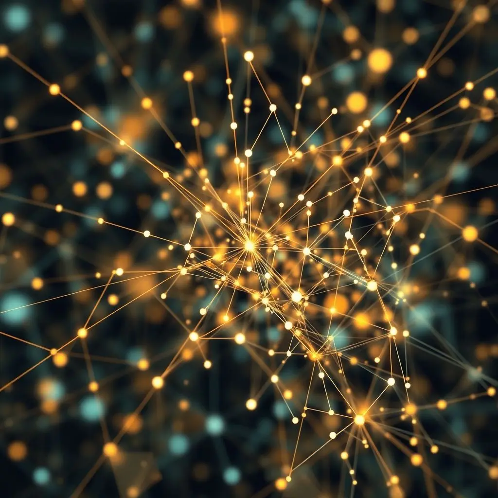 Abstract visualization of data points connecting and forming patterns, representing how AI identifies relationships in text.