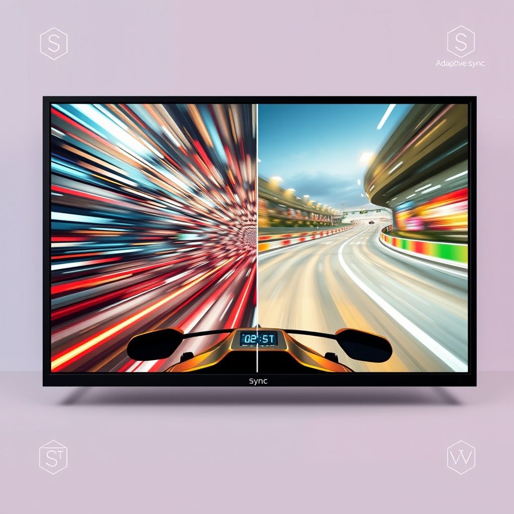 Split image comparing a screen with noticeable tearing to a screen with smooth adaptive sync technology.