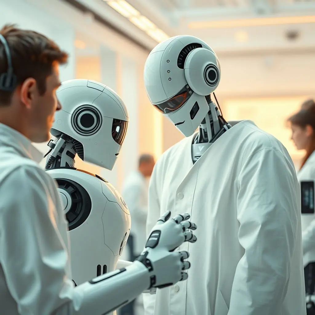 Futuristic AI robots interacting with humans, suggesting accelerated AI development