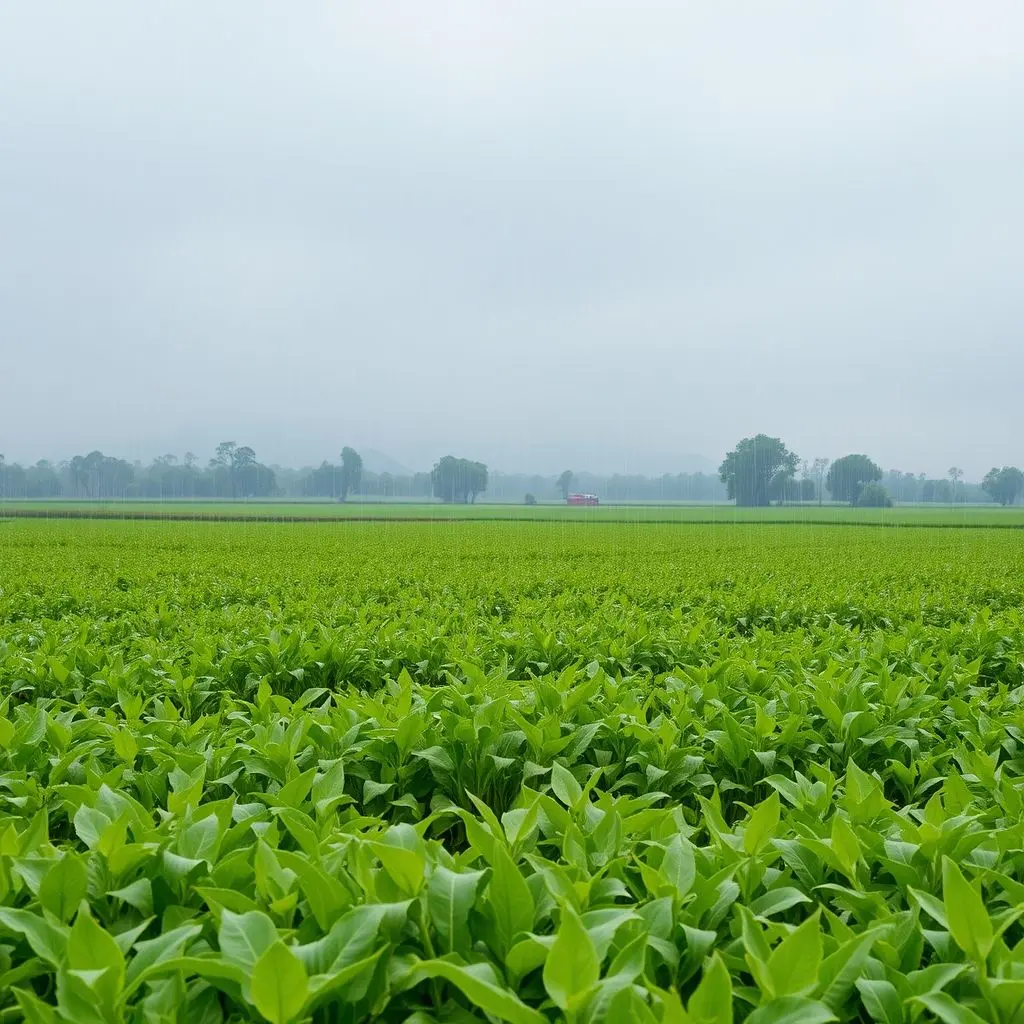 Lush green agricultural field being rained on