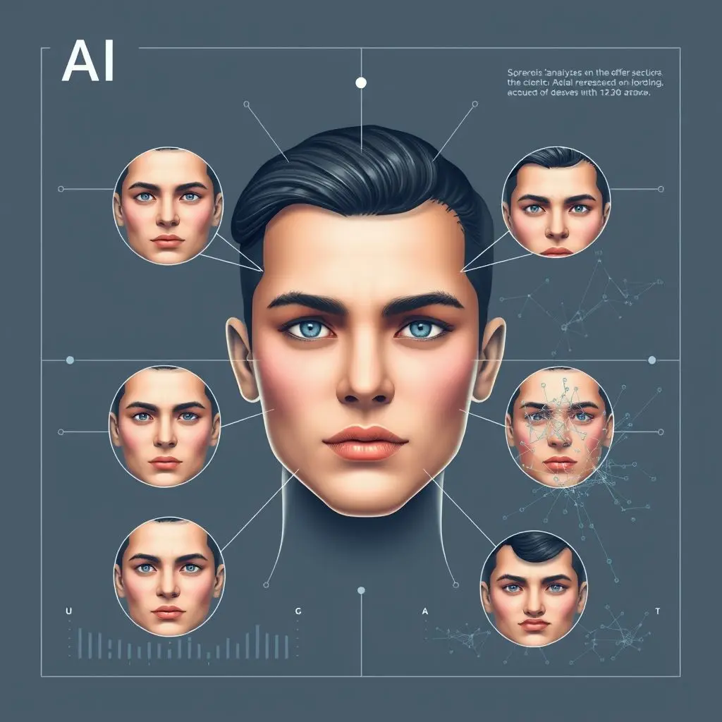 AI interface analyzing human facial expressions with data points and neural network visualizations.
