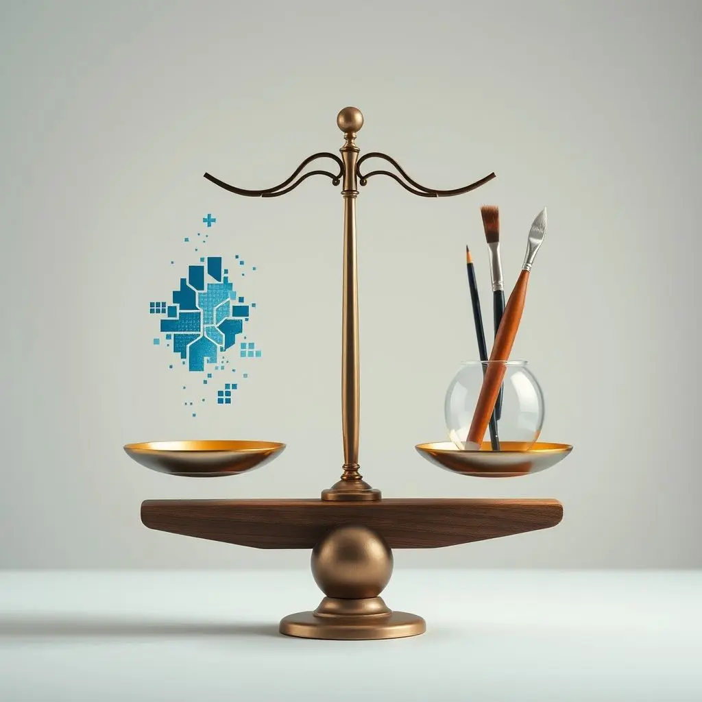 Symbolic image representing a delicate balance between technological advancement (AI) and ethical considerations (art, copyright).