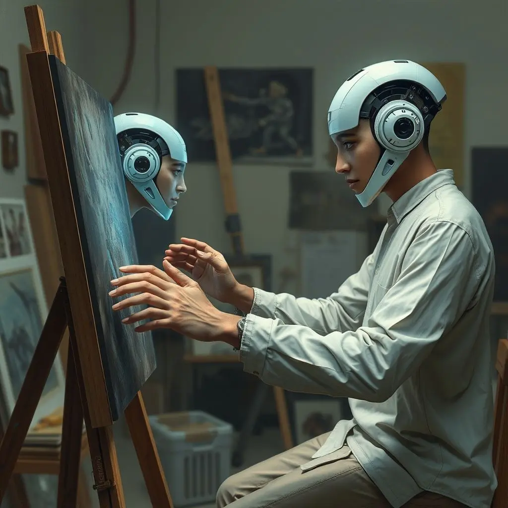 AI assisting a human artist in a studio setting, appearing as a spectral or digital presence helping guide creative choices.