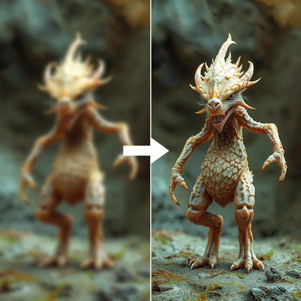 Conceptual art showing a blurry, noisy image of a fantastical creature transforming into a clear image, illustrating denoising.