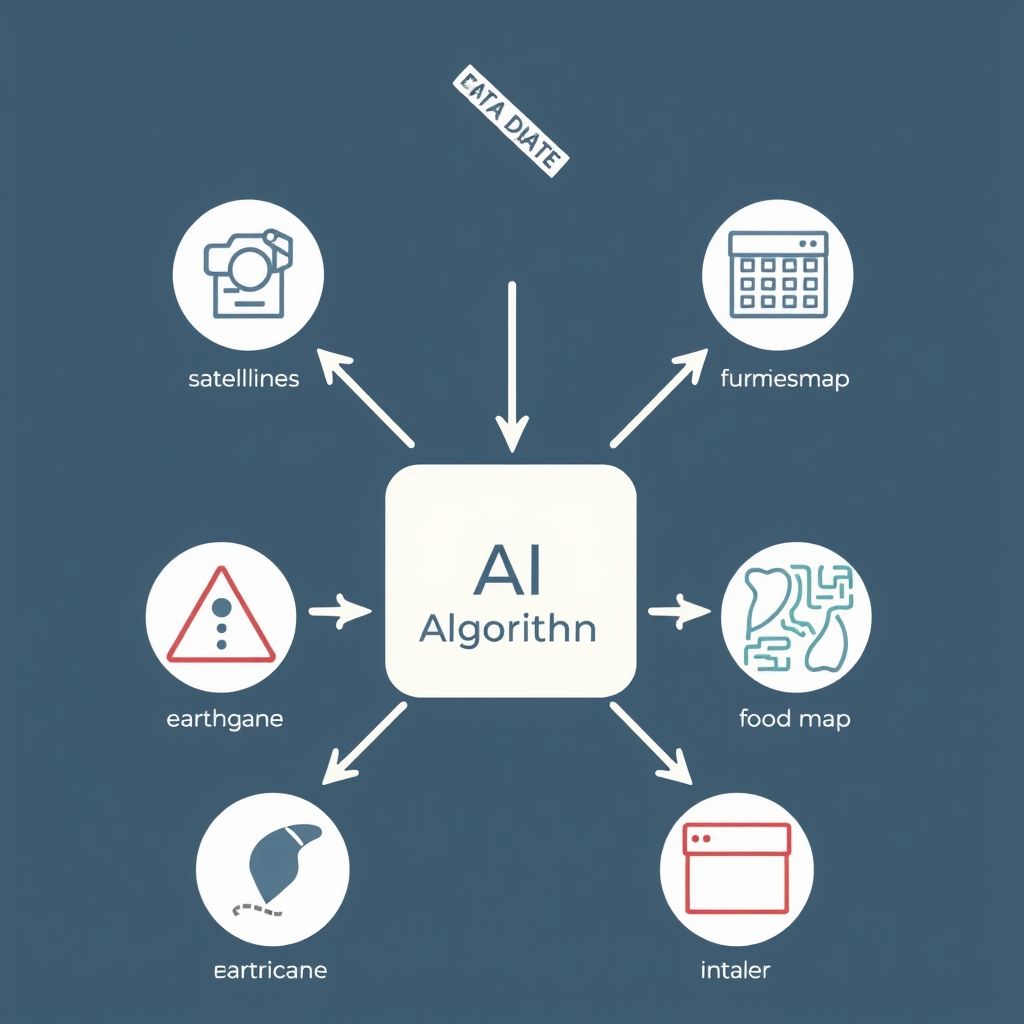 Diagram showing diverse data sources like satellites, sensors, and historical records feeding into an AI model for disaster prediction output