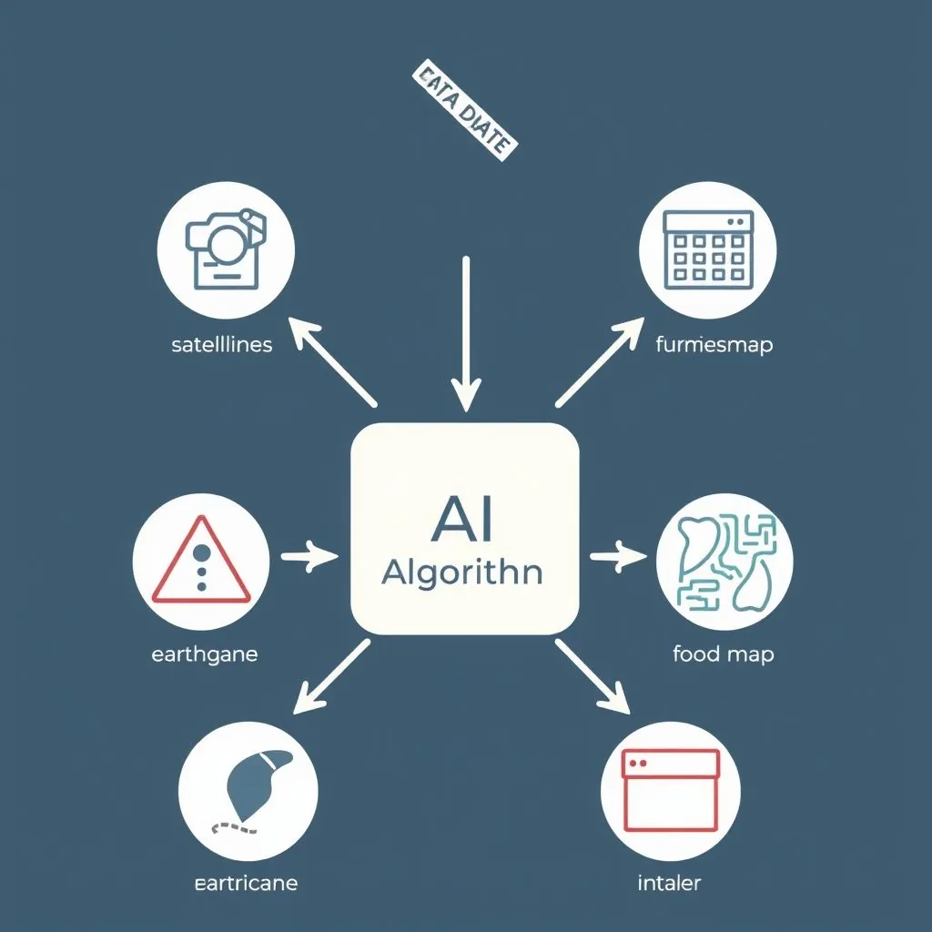 Diagram showing diverse data sources like satellites, sensors, and historical records feeding into an AI model for disaster prediction output