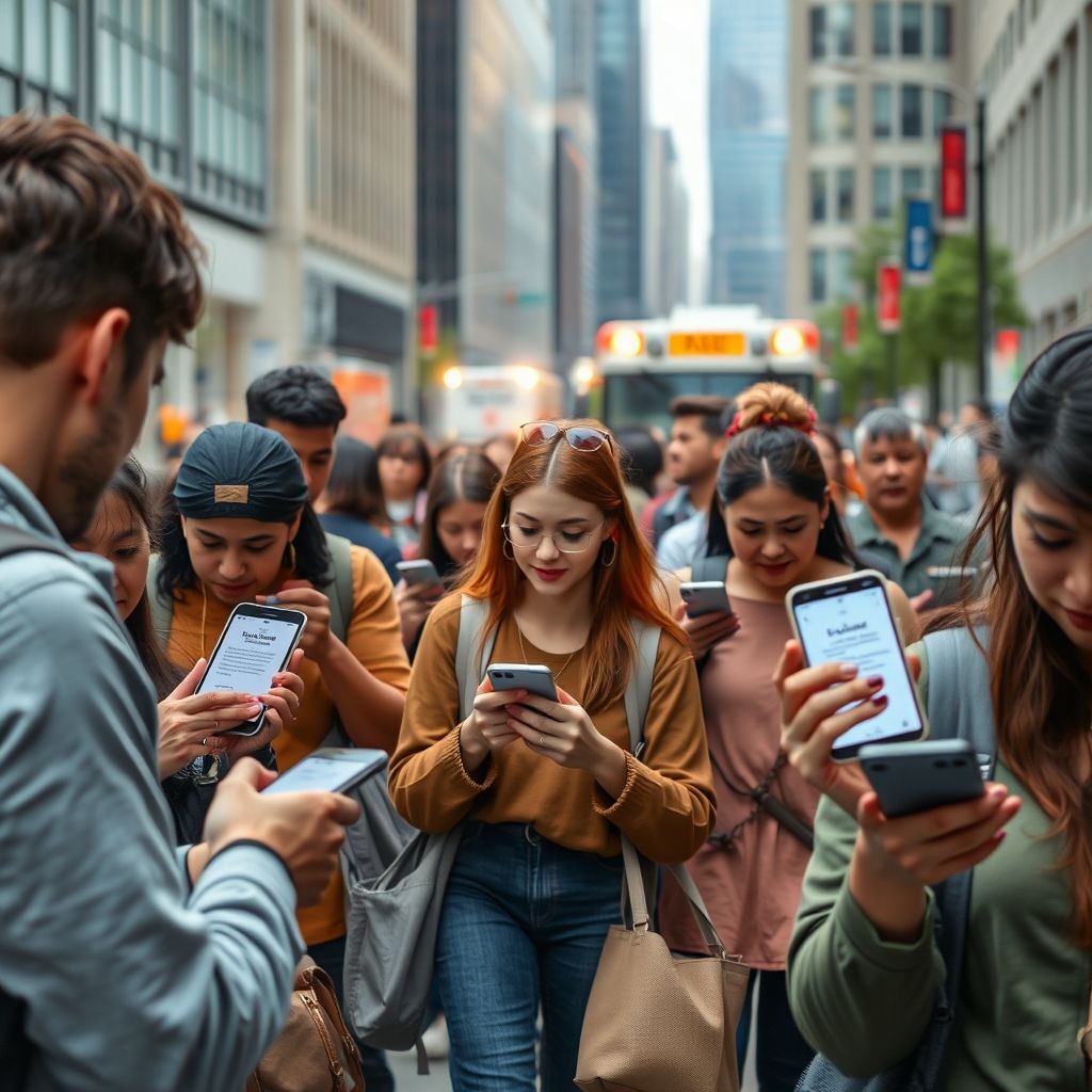 People receiving emergency alert on phones and safely evacuating a city area
