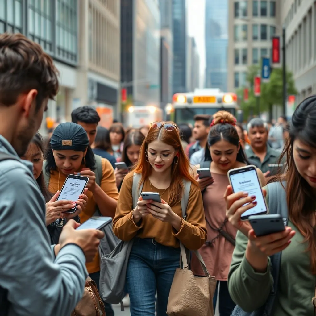 People receiving emergency alert on phones and safely evacuating a city area