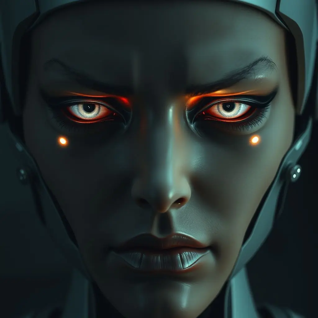 Android face showing a disturbing mix of sadness and anger, with digital tears, highlighting ethical dilemmas.