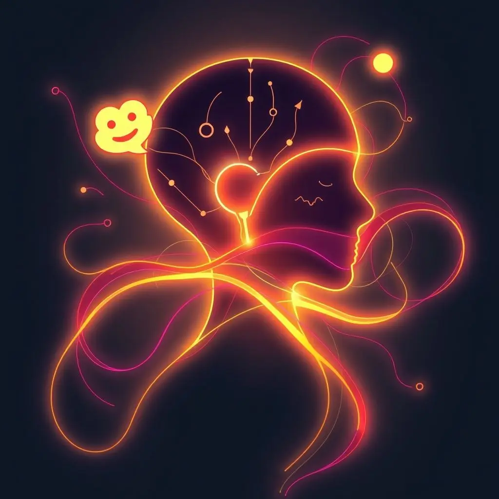Abstract representation of AI and emotion merging, with glowing lines and humanoid silhouette.