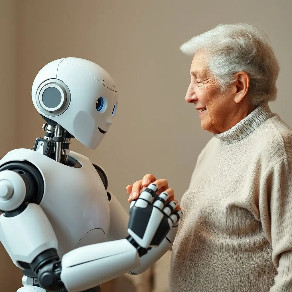 AI caregiver robot empathetically interacting with an elderly person, showing comfort and connection.