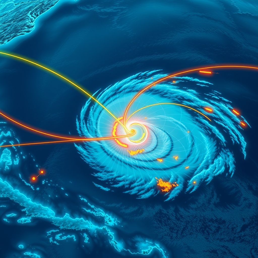 Stylized weather map showing a hurricane with AI-predicted path and intensity overlays