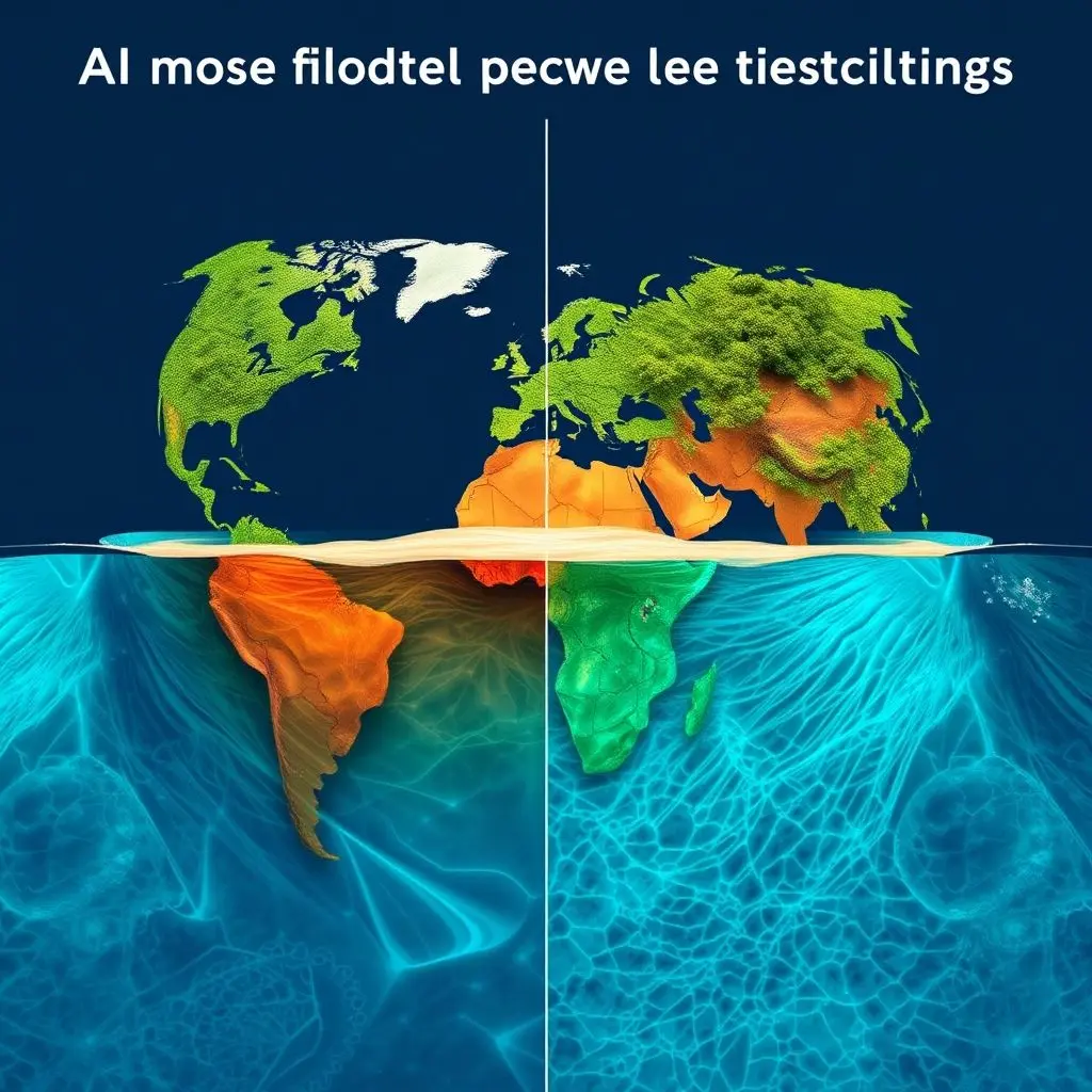 Visual representation of AI modeling predicting changes in global ecosystems (forests, deserts, oceans) due to climate change.