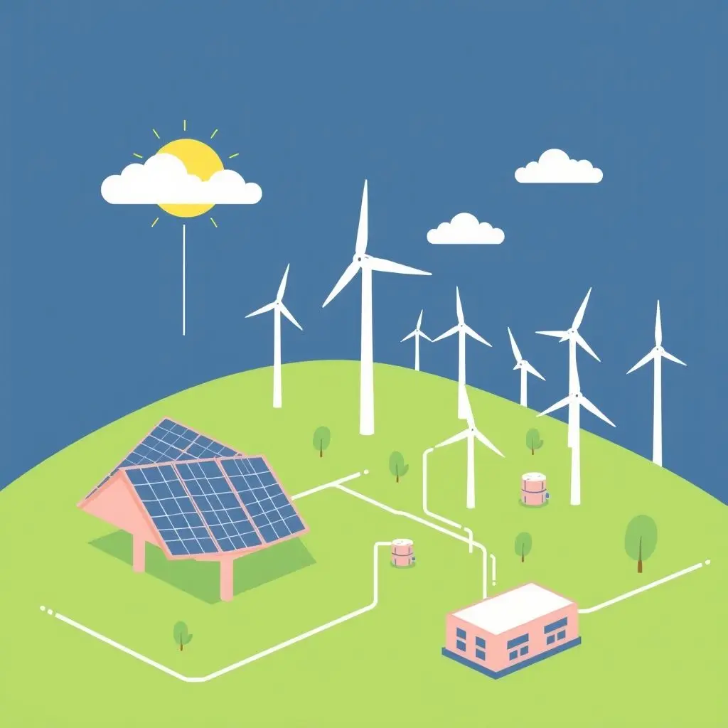 Illustration showing AI managing a smart energy grid with solar panels and wind turbines, optimizing flow and storage.
