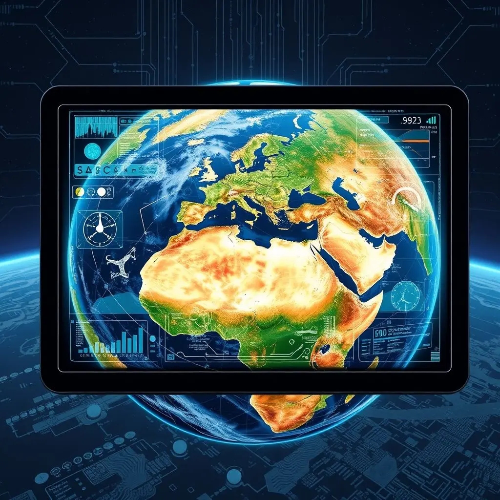 Illustration of AI algorithms processing various climate data streams (satellites, sensors, charts) on a screen overlayed on Earth image.