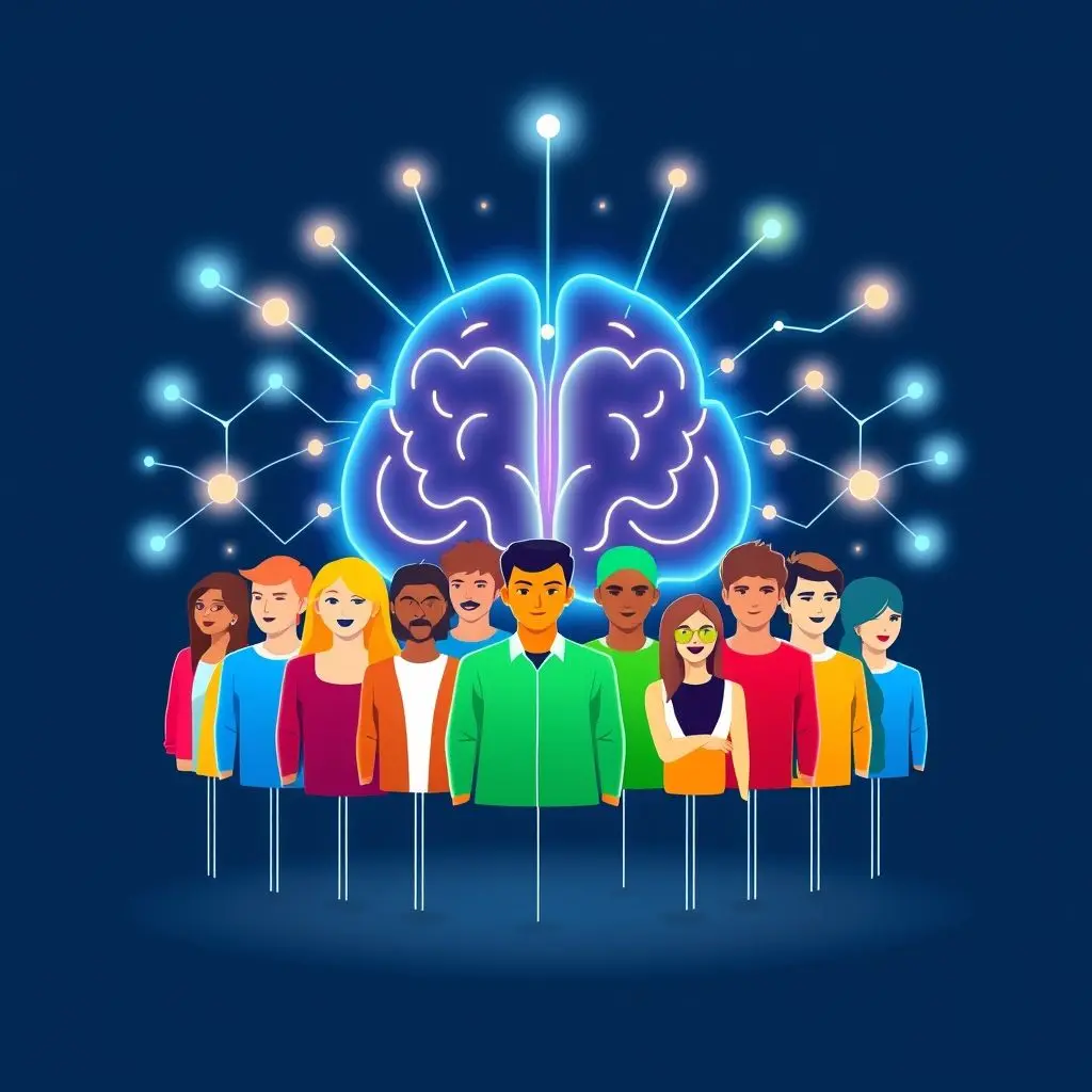 AI brain graphic interacting with diverse student icons, symbolizing tailored education.