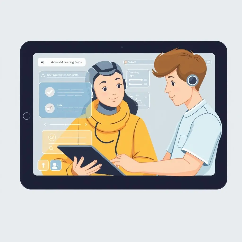 AI Tutor interacting with a student on a tablet, showing personalized learning paths