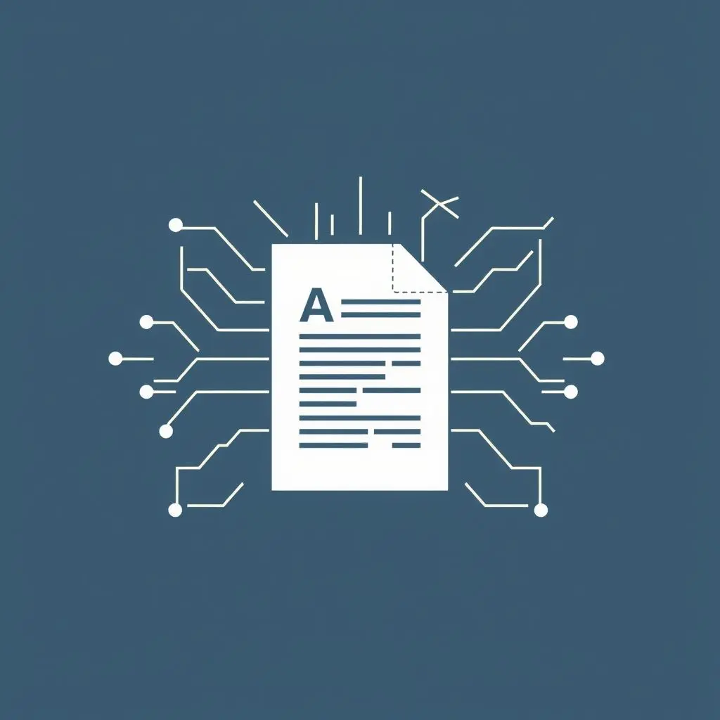 Illustration of an AI icon generating a document or text from digital elements.