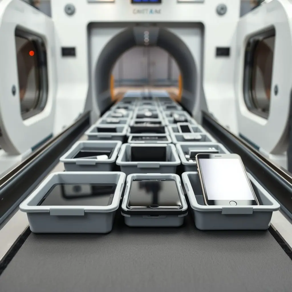 Image showing various electronic devices being placed in bins to go through an airport X-ray scanner.