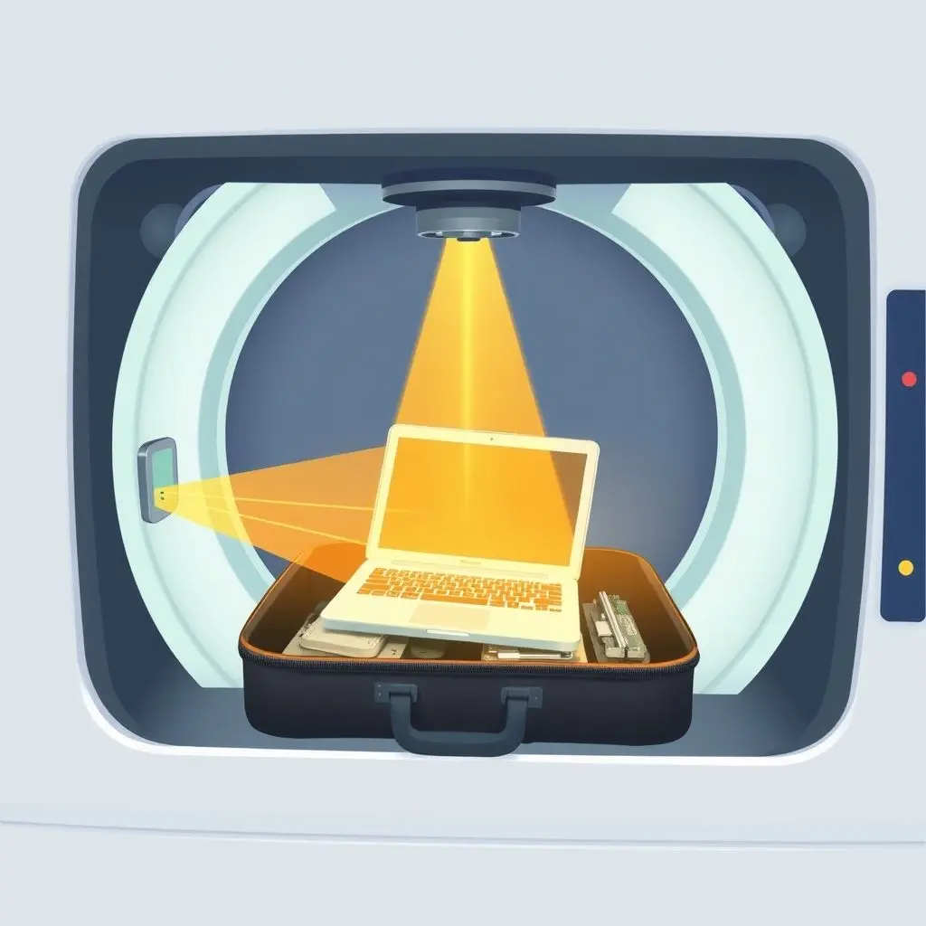 Illustration showing X-rays passing through a piece of luggage containing a laptop at an airport security scanner.