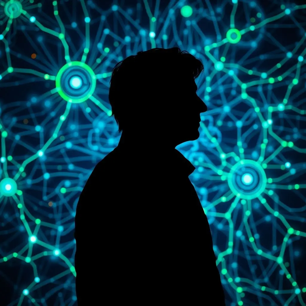 Conceptual image of Alan Turing pondering complex digital networks and formulas