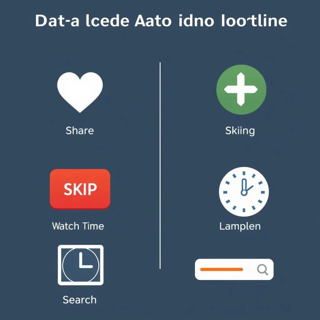 Icons representing various data inputs for an algorithm, such as clicks, likes, shares, watch time, and search queries.