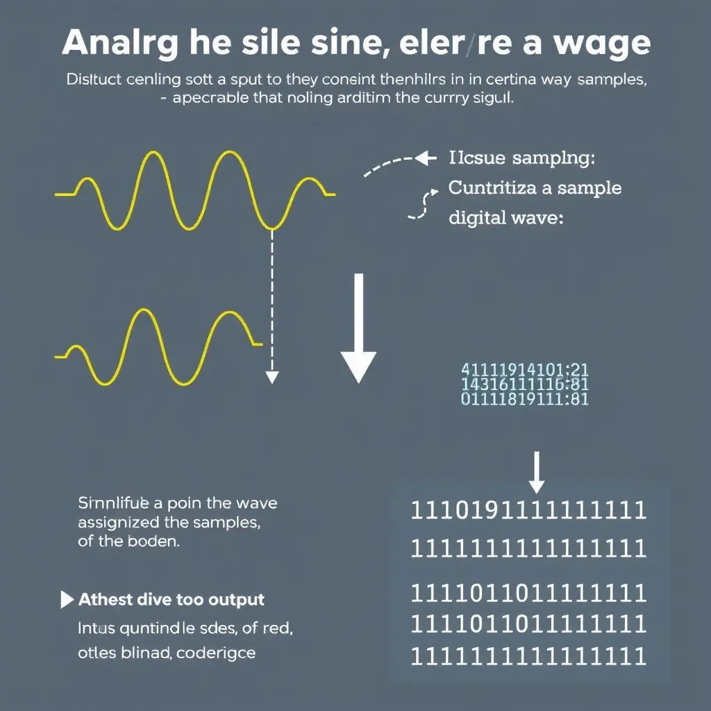 Educational diagram showing an analog audio wave being sampled and quantized into digital data