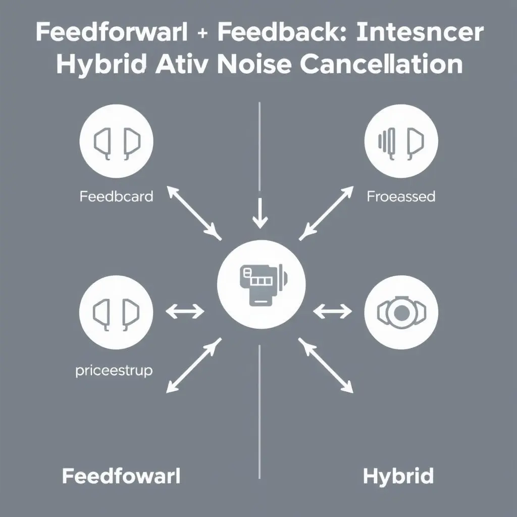 Diagram comparing Feedforward, Feedback, and Hybrid ANC microphone placements.
