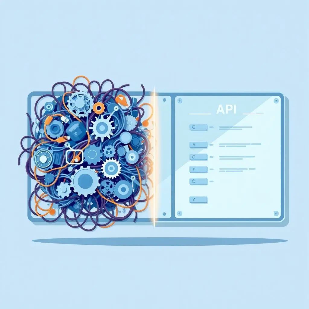 Split screen: messy wires vs. clean API interface, symbolizing how APIs simplify complexity.