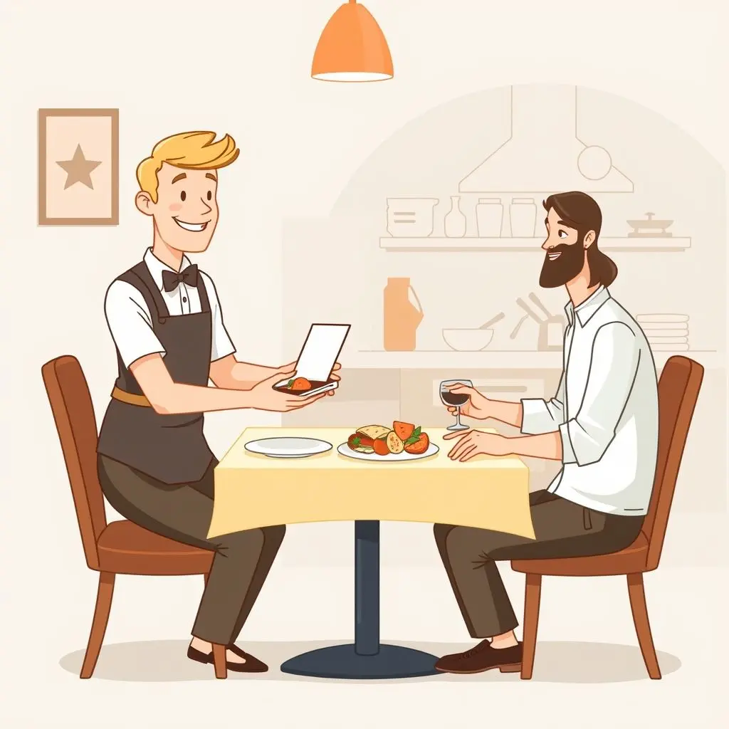 Illustration of a waiter (API) taking an order (request) and delivering food (response) between a customer (client) and kitchen (server)