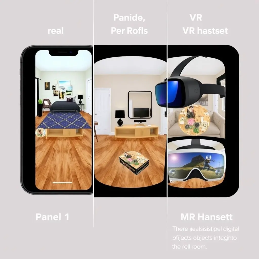Comparison image showing three scenes: a phone view with AR overlay, a person wearing VR seeing only digital, and a person wearing MR interacting with realistic virtual objects in a real room.
