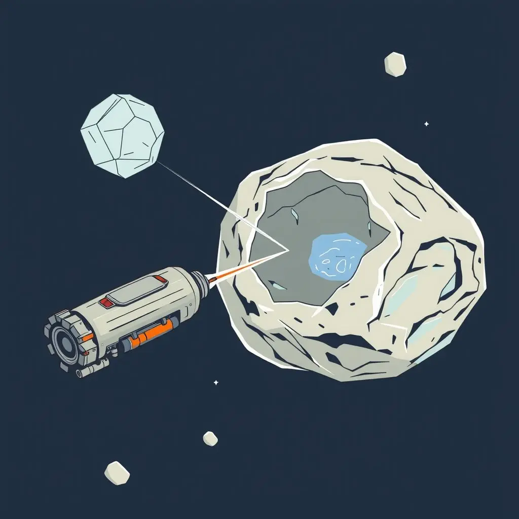 Illustration showing water ice being extracted from an asteroid and being used to refuel a spacecraft.