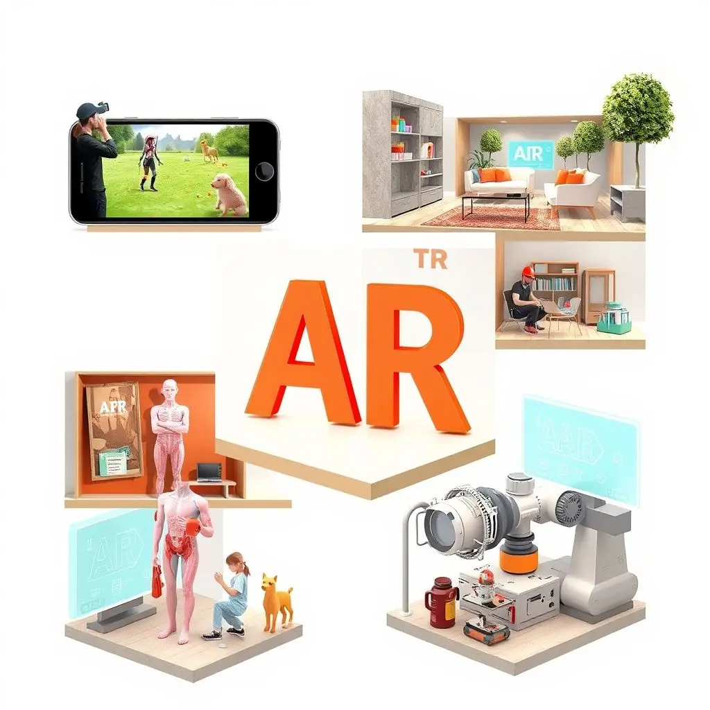 Collage showing different applications of AR in various fields like gaming, retail, and manufacturing.