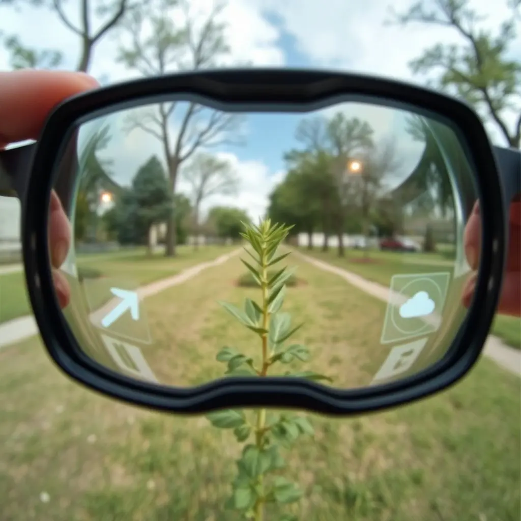 A first-person view depicting digital information overlays, such as directions or object labels, seamlessly integrated into a person's real-world vision, simulating an AR contact lens perspective.