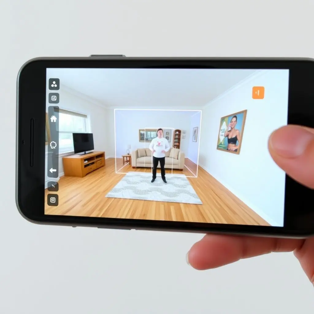 Smartphone showing augmented reality overlay on a real-world scene, like furniture or a virtual character.