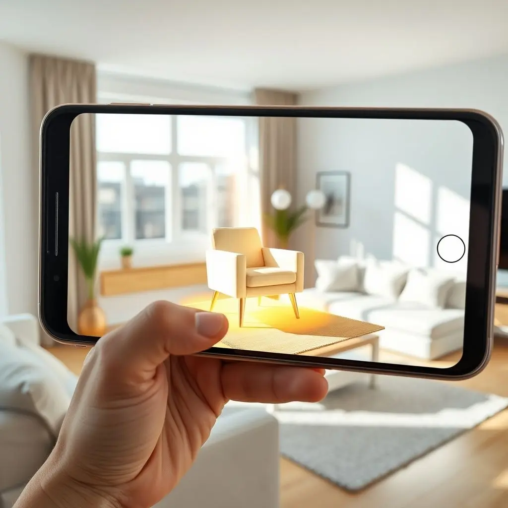 Smartphone displaying an AR application showing a virtual sofa in a real living room