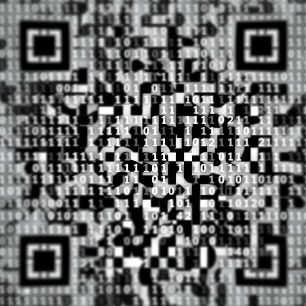 Abstract visualization of binary data transforming into a QR code structure