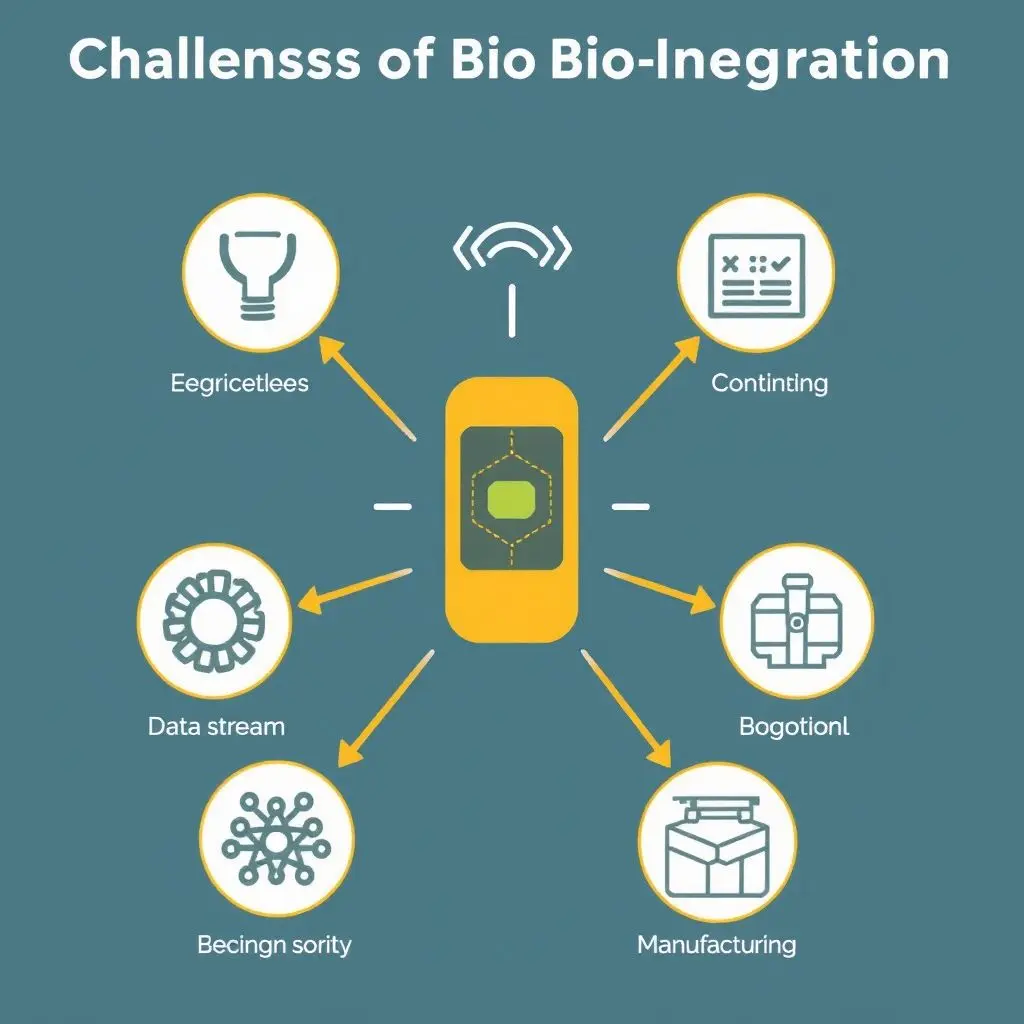 Conceptual illustration showing challenges like device powering, data, and biocompatibility around a biointegrated device