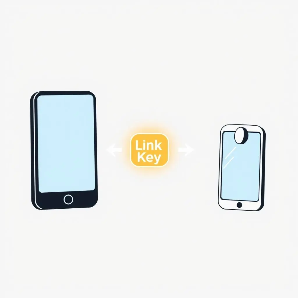 Illustration of two devices exchanging data and generating a 'Link Key' icon during pairing.