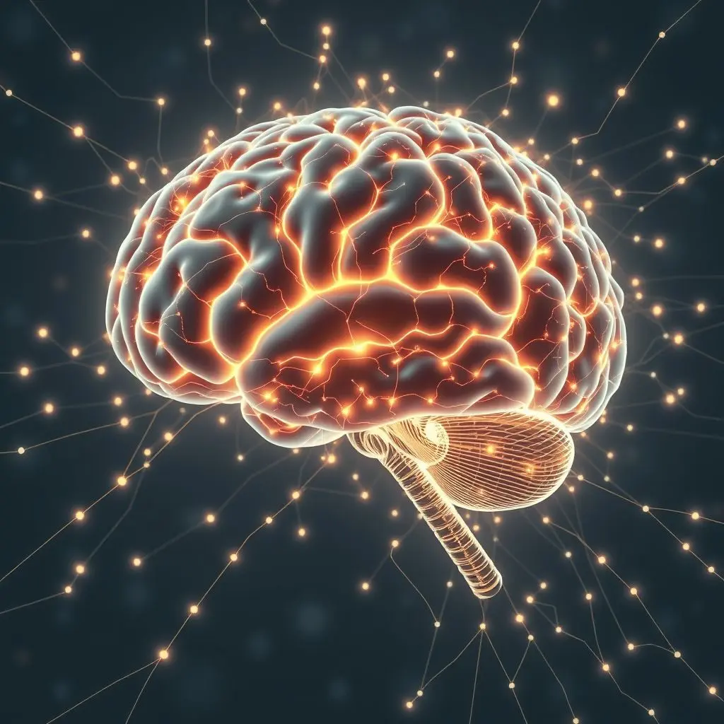 Artistic representation of a human brain connected to a vast digital network via BCI