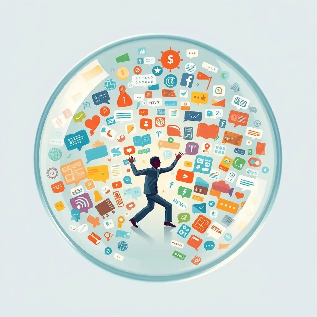 Stylized illustration of a person breaking out of a sphere, reaching towards a diverse array of information icons and symbols, representing escaping a filter bubble.