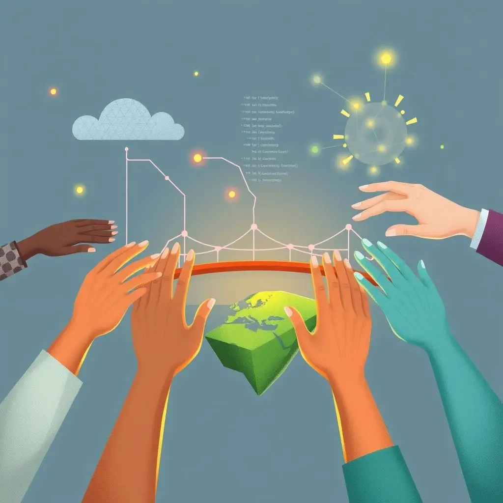 Illustration showing hands building a bridge made of digital elements connecting two sides