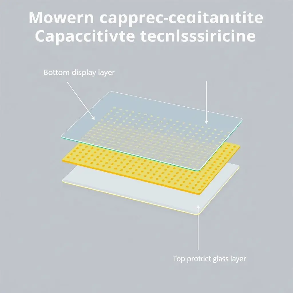Diagram showing the layers of a capacitive touchscreen, including the glass, conductive layer, sensors, and display.