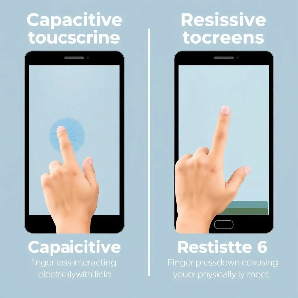 Side-by-side diagram comparing the working principles of capacitive touch (electrical interaction) and resistive touch (physical pressure connecting layers).