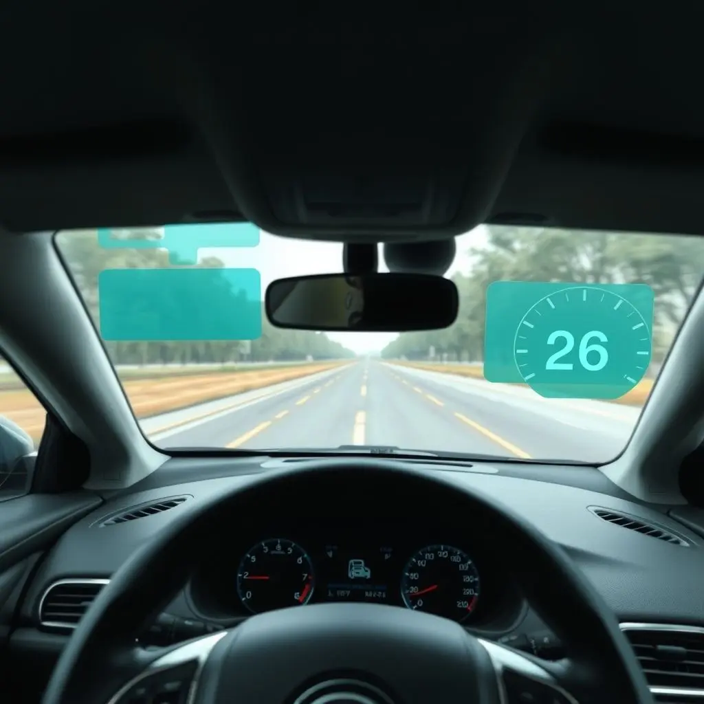 Interior view of a car with a transparent display overlaying navigation directions and speed information onto the view through the windshield.