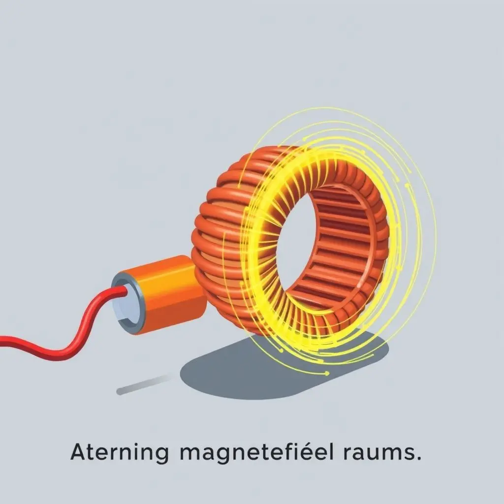 Illustration showing a coil generating a fluctuating magnetic field represented by expanding and collapsing lines.
