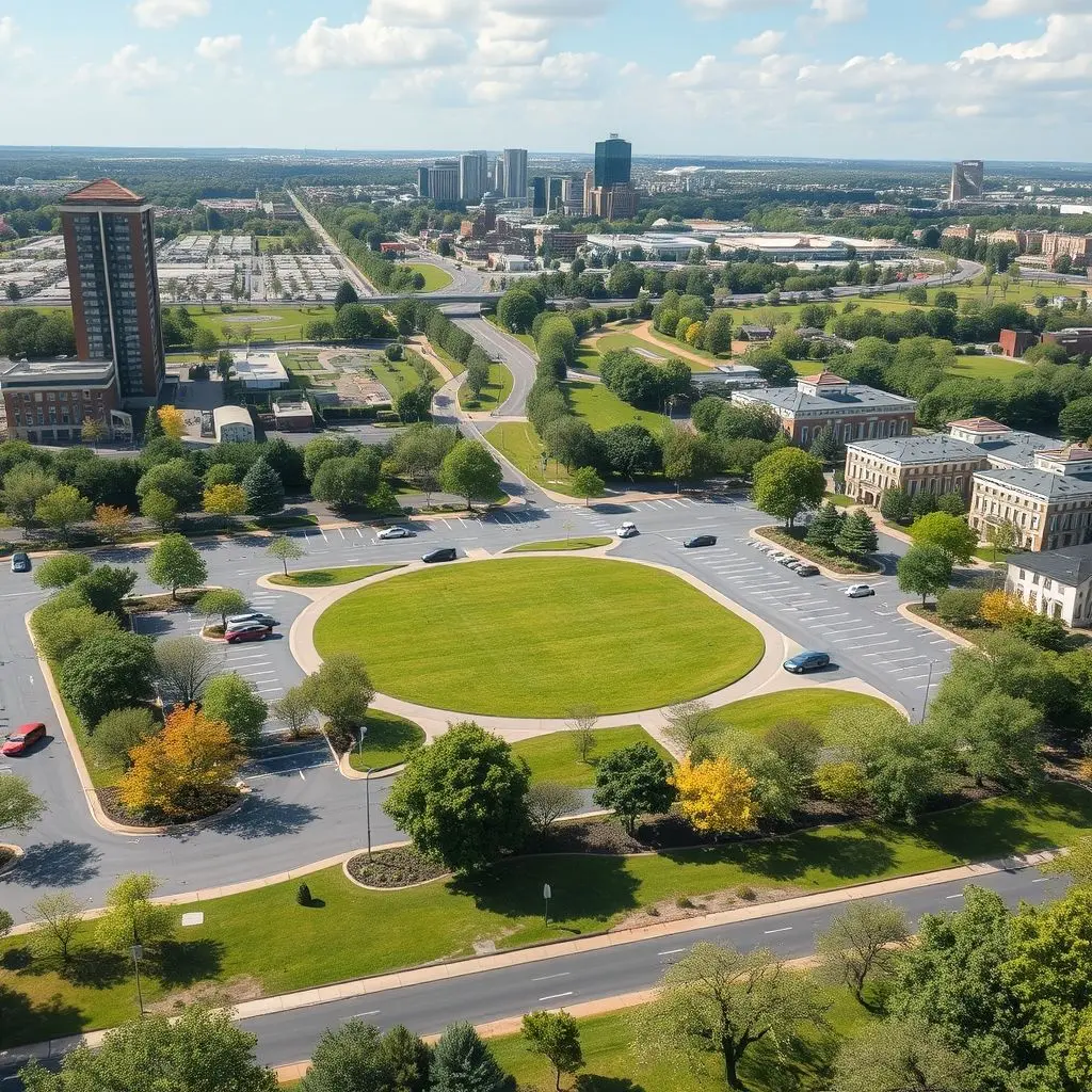 A city park built on land previously used for parking lots, with autonomous vehicles in the background