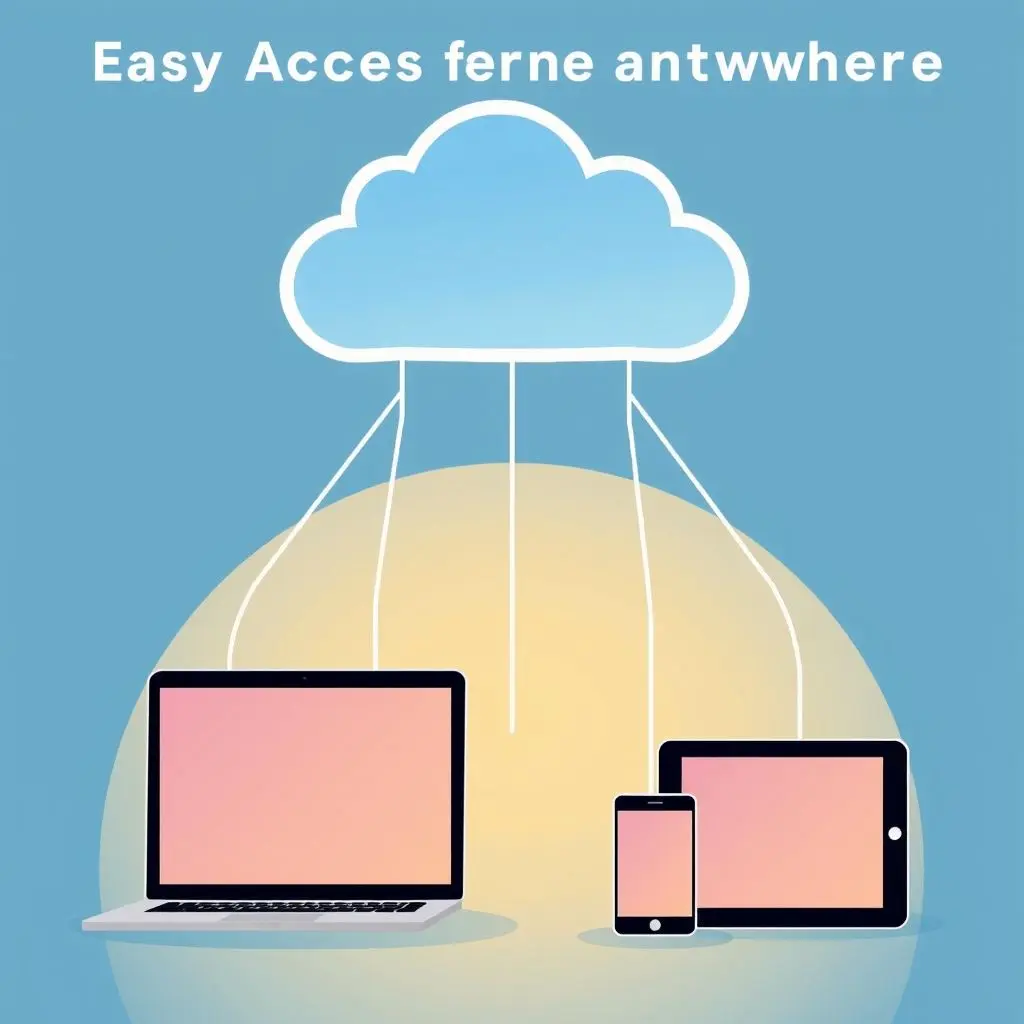 A stylized cloud connected by light beams to multiple devices, symbolizing easy cloud storage access from anywhere.